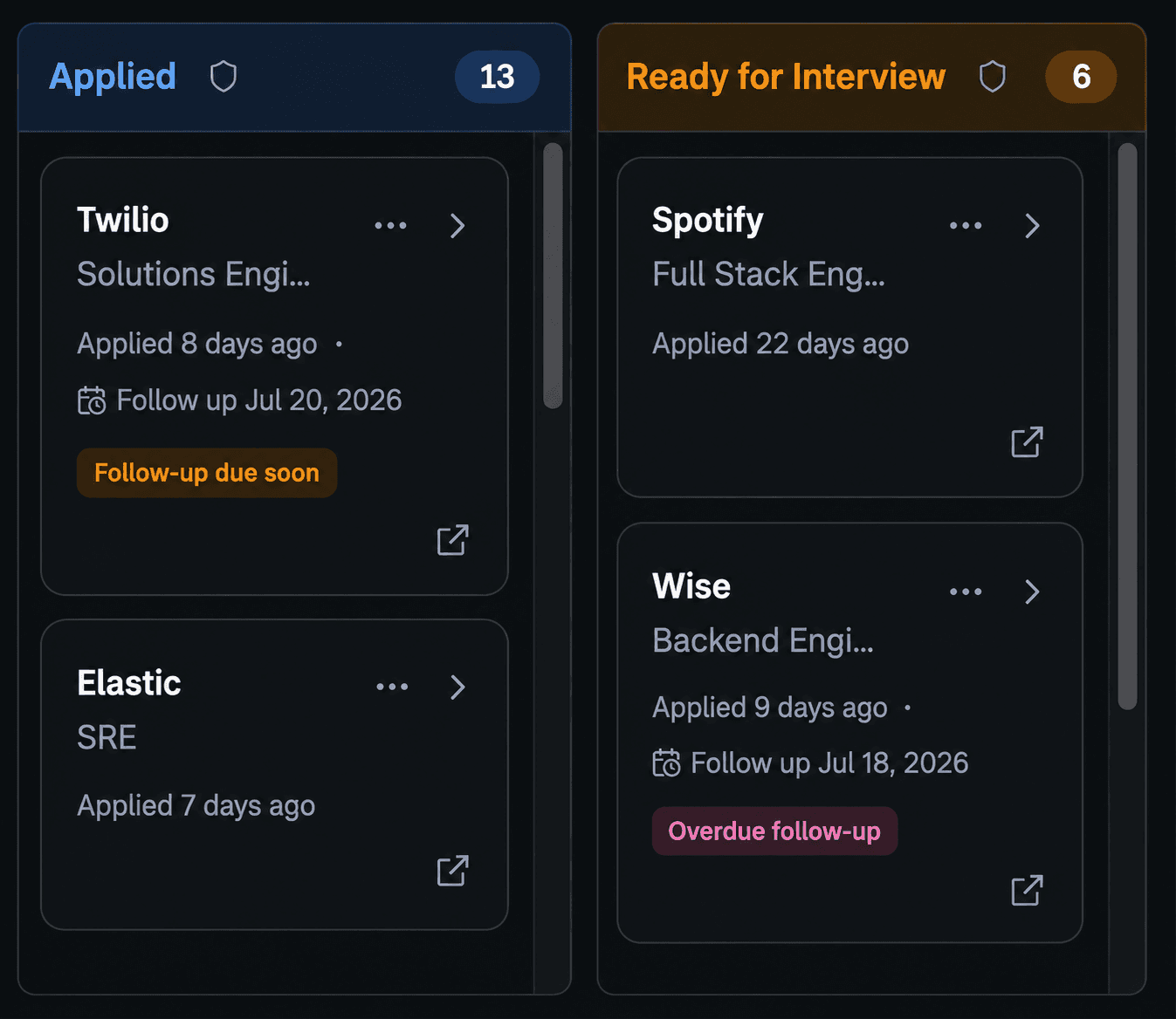 Job Tracker board and list views