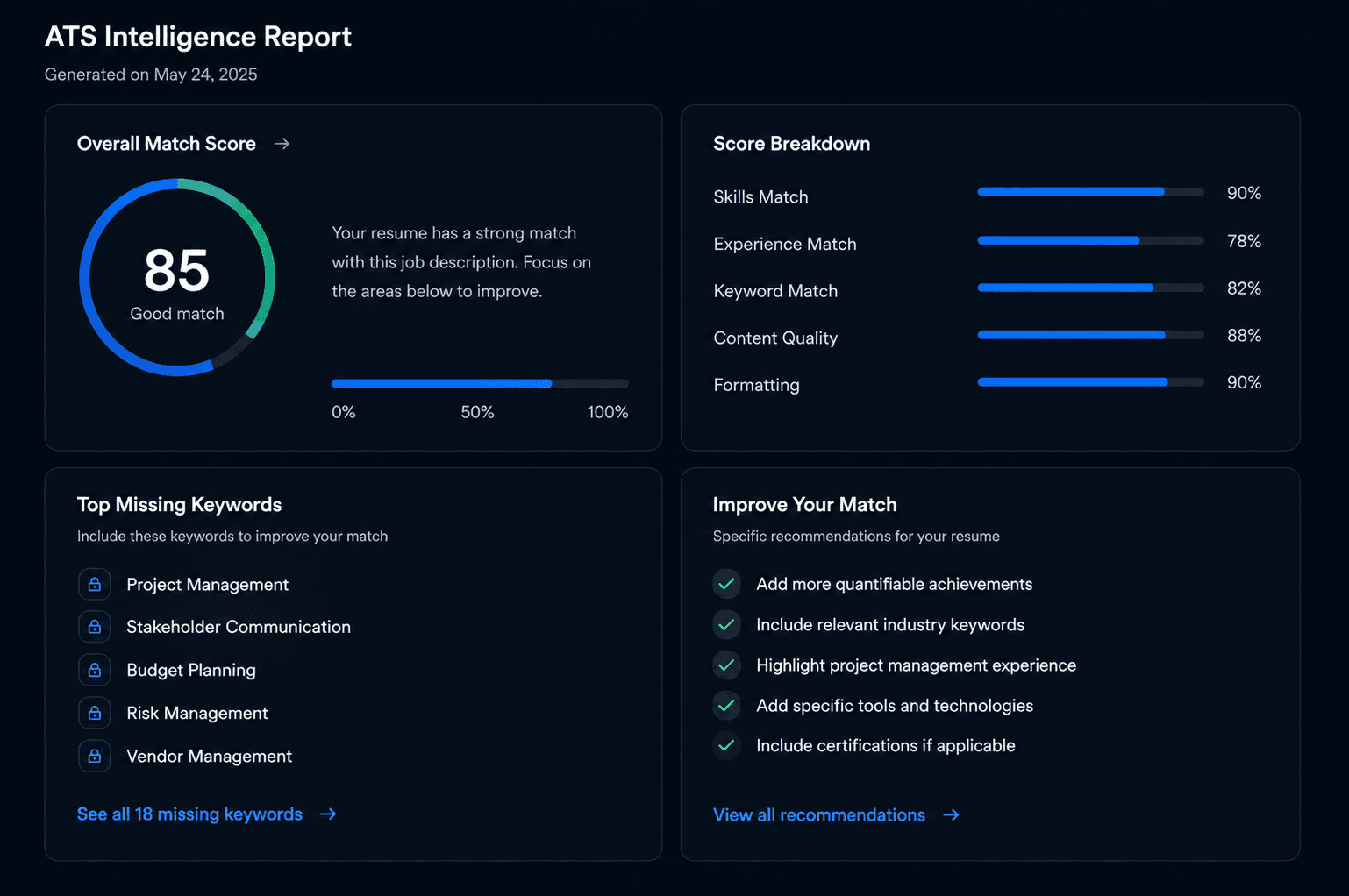 Detailed ATS Intelligence report with match score, keywords, and recommendations