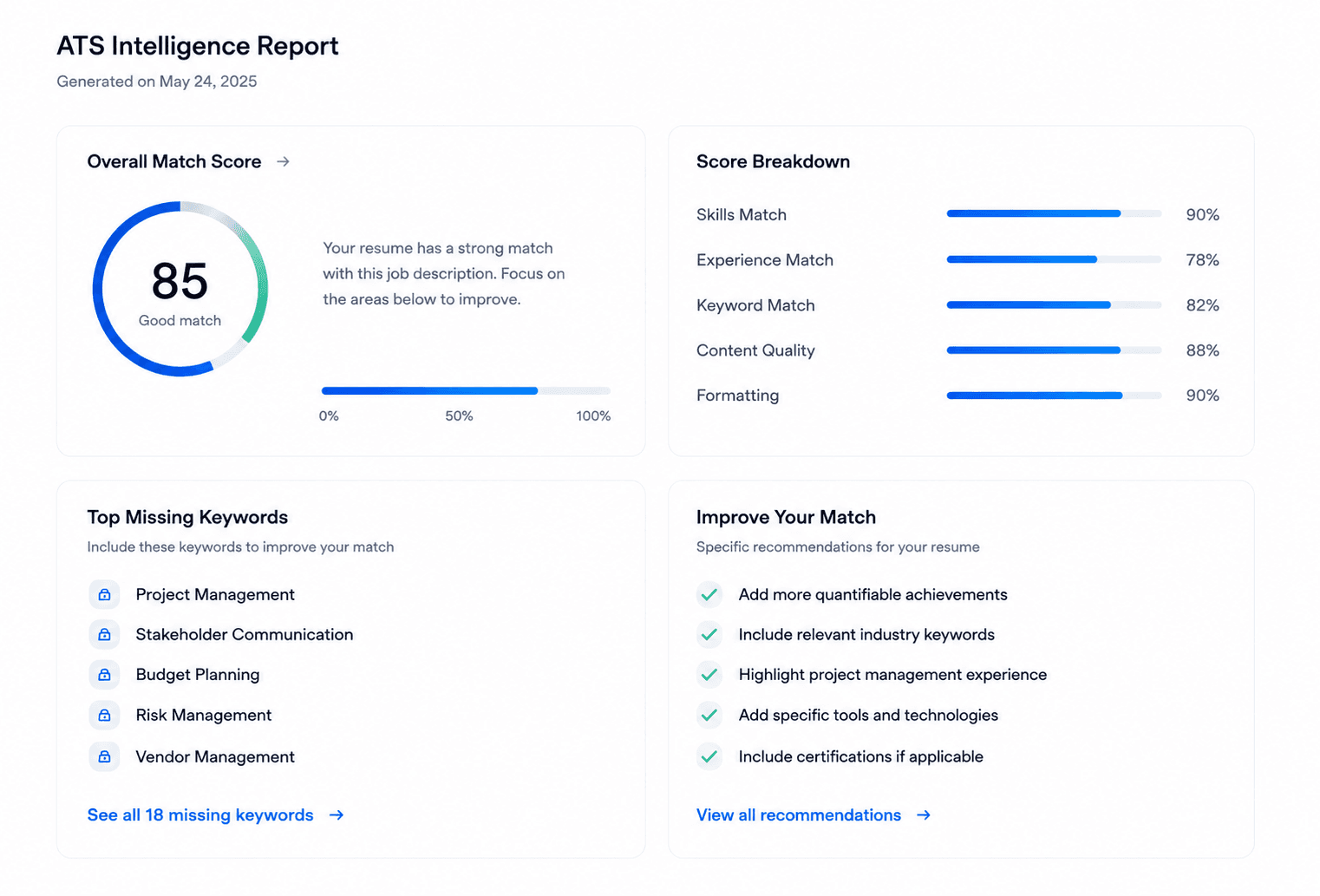 Detailed ATS Intelligence report with match score, keywords, and recommendations