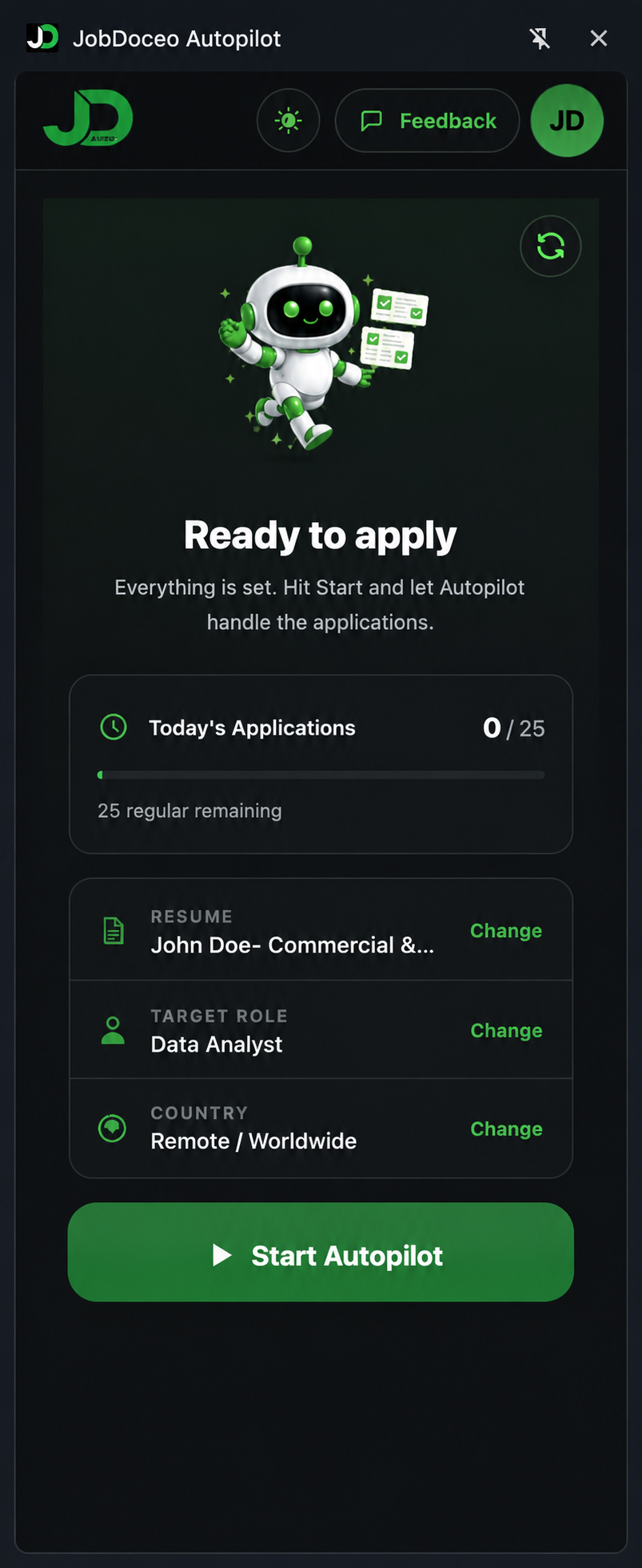 JobDoceo Autopilot extension ready-to-apply screen
