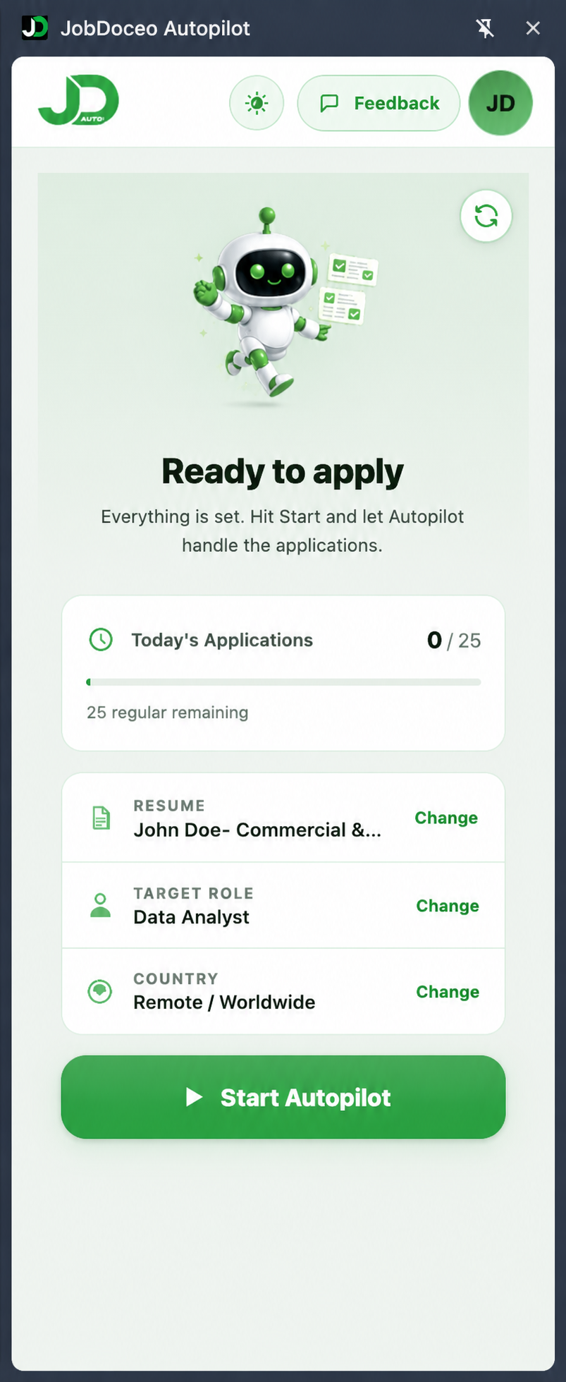 JobDoceo Autopilot extension ready-to-apply screen