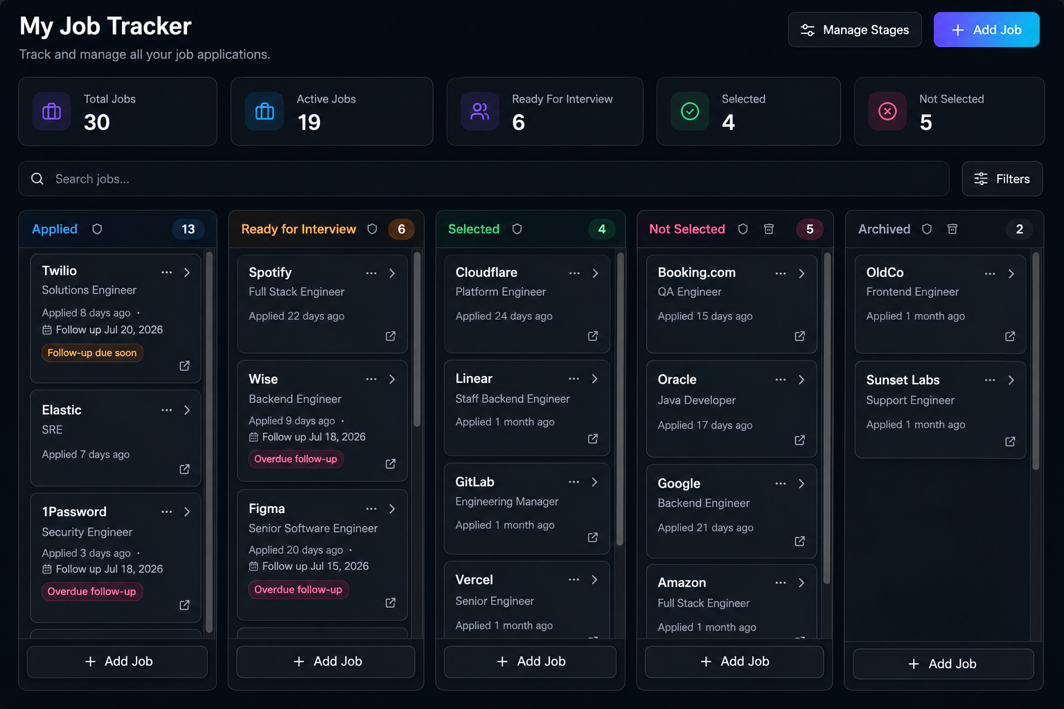 Job Tracker board with application stages, follow-ups, and pipeline summary