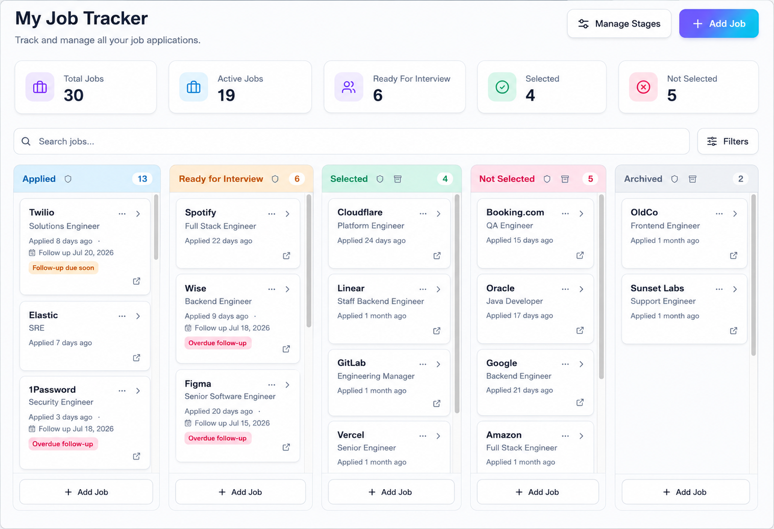 Job Tracker board with application stages, follow-ups, and pipeline summary