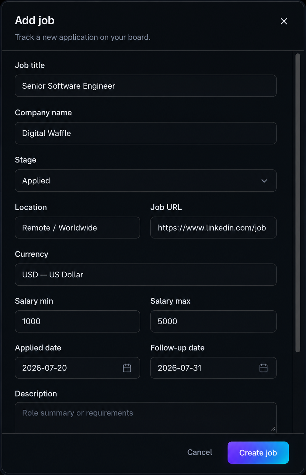 Add job form with title, company, stage, location, salary, dates, and description fields