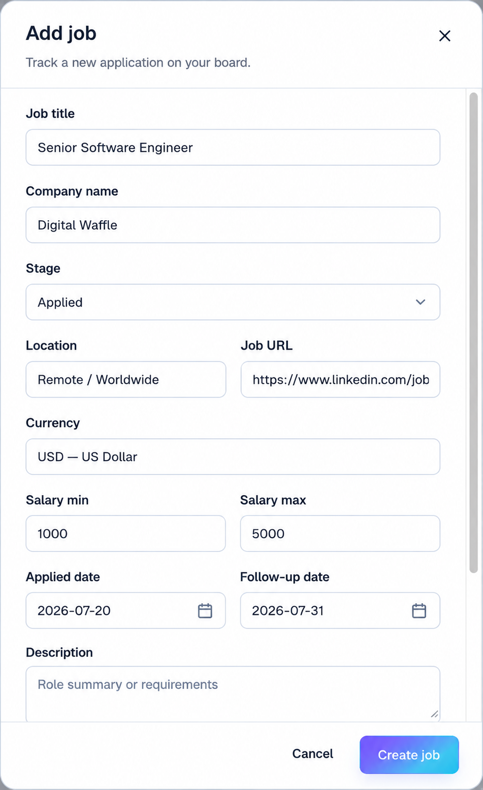 Add job form with title, company, stage, location, salary, dates, and description fields